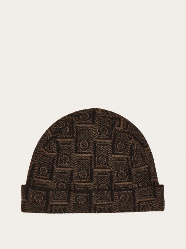 Ferragamo Men's Monogram Beanie - Brown/Black | Quick Ship!