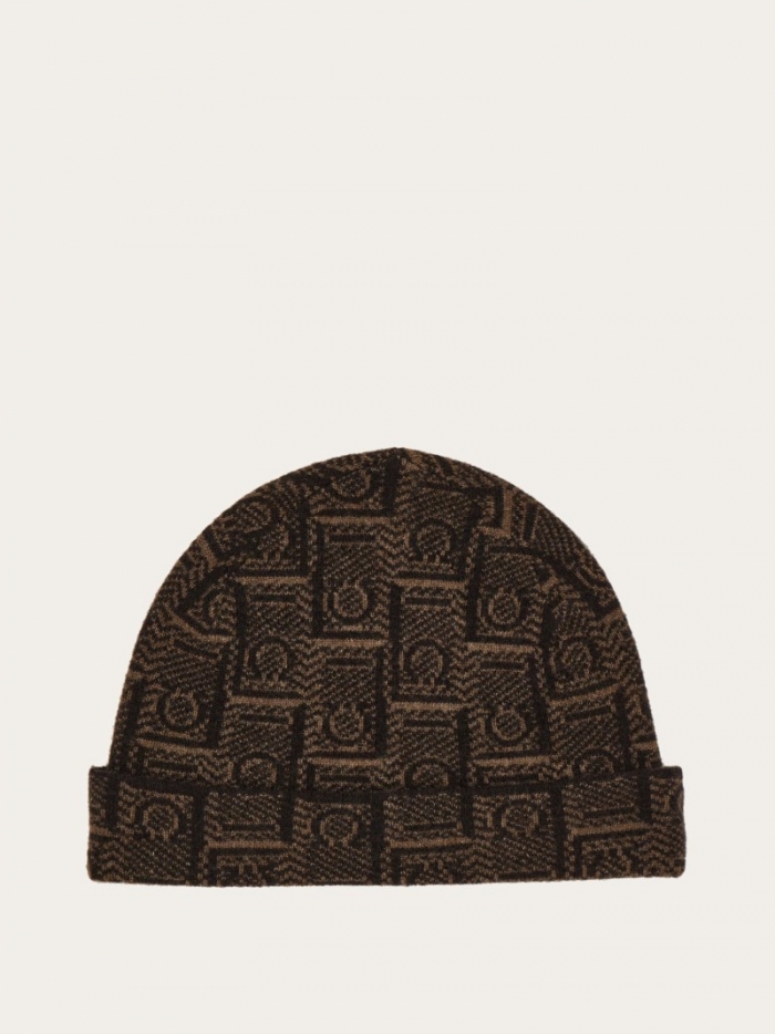 Ferragamo Men's Monogram Beanie - Brown/Black | Quick Ship!