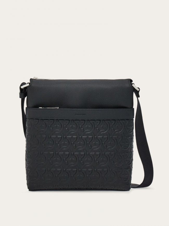 Ferragamo Men's Embossed Gancini Crossbody Bag - Black | Quick Ship!