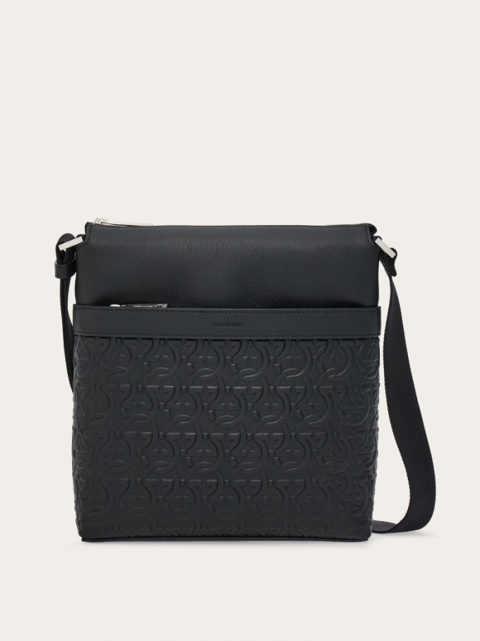 Ferragamo Men's Embossed Gancini Crossbody Bag - Black | Quick Ship!