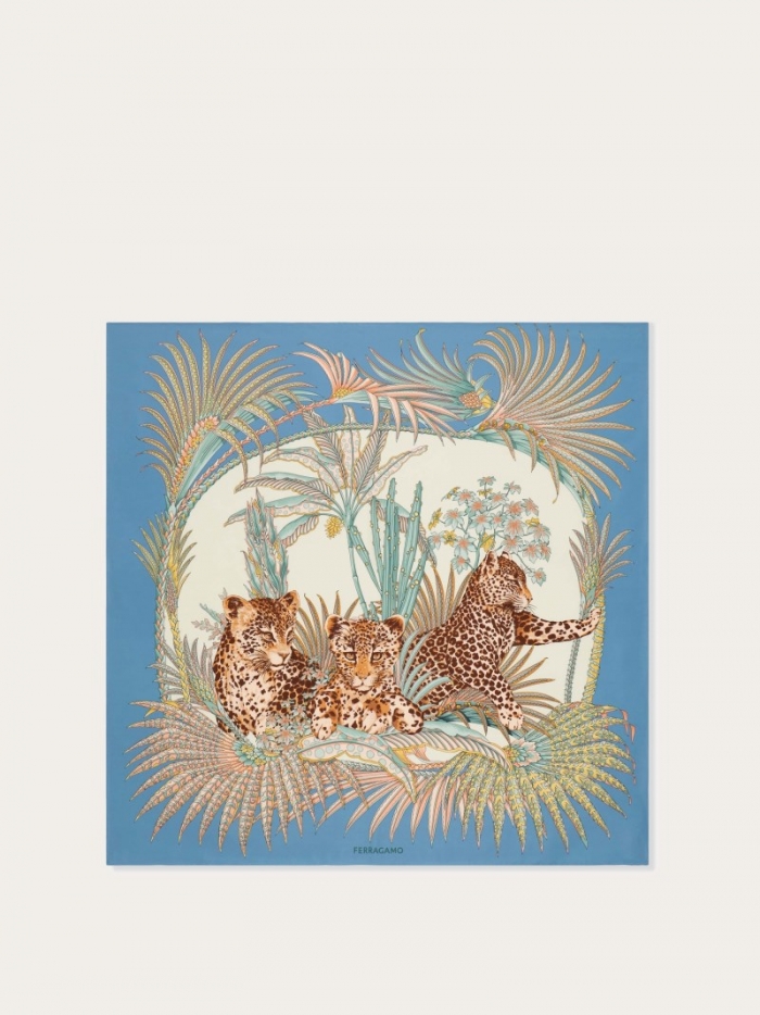 Ferragamo Women's Leopard Print Silk Scarf - Light Blue/Turquoise | Quick Ship!