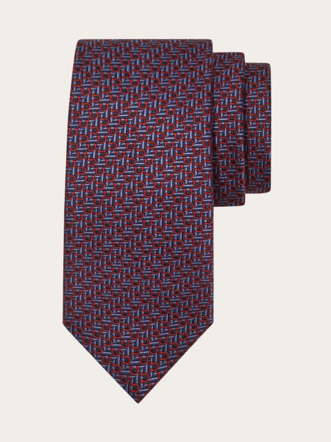Ferragamo Men's Jacquard Tie With Diagonal Gancini - Blue/Bordeaux | Quick Ship!