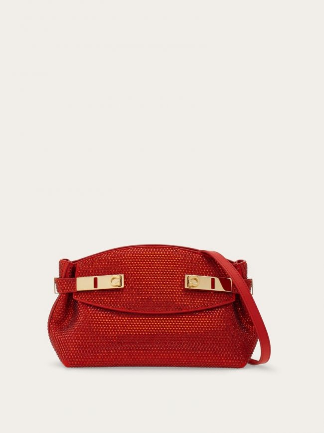 Ferragamo Women's Hug Soft Crossbody Bag With Crystals - Flame Red | Quick Ship!