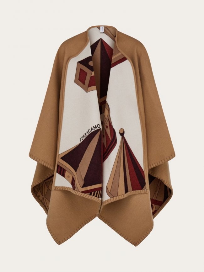 Ferragamo Women's Nadir Print Reversible Cape - Bordeaux/Camel | Quick Ship!