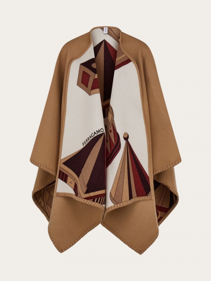 Ferragamo Women's Nadir Print Reversible Cape - Bordeaux/Camel | Quick Ship!