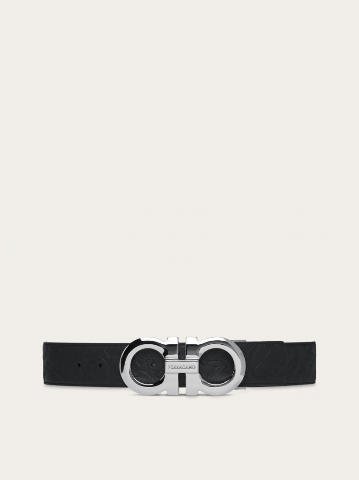 Ferragamo Men's Reversible And Adjustable Gancini Belt - Black/Marine Blue | Quick Ship!