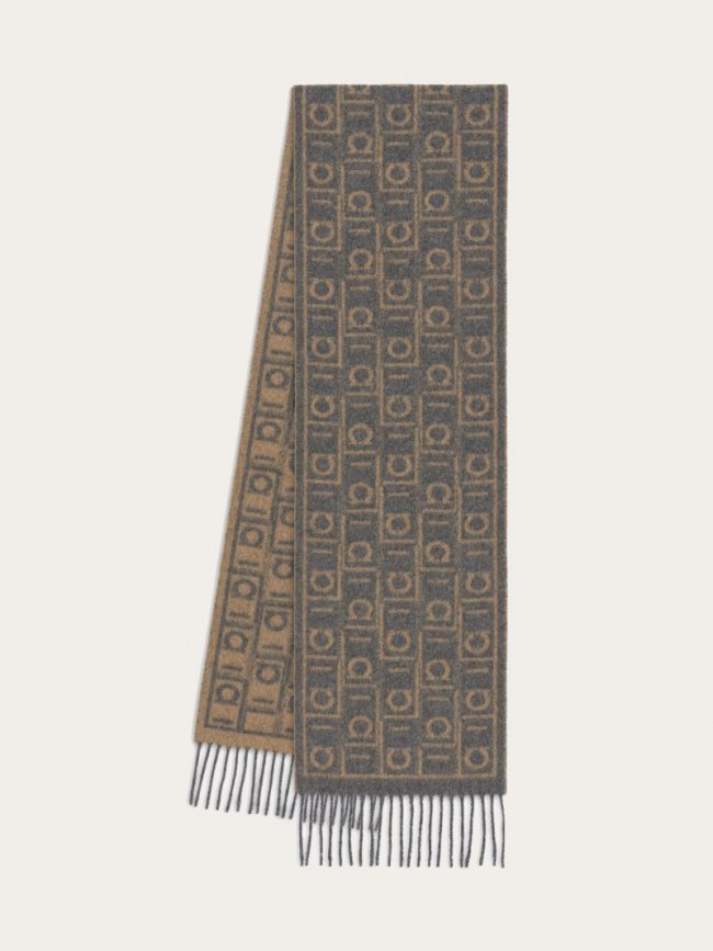 Ferragamo Men's Monogram Scarf - Grey/Camel | Quick Ship!