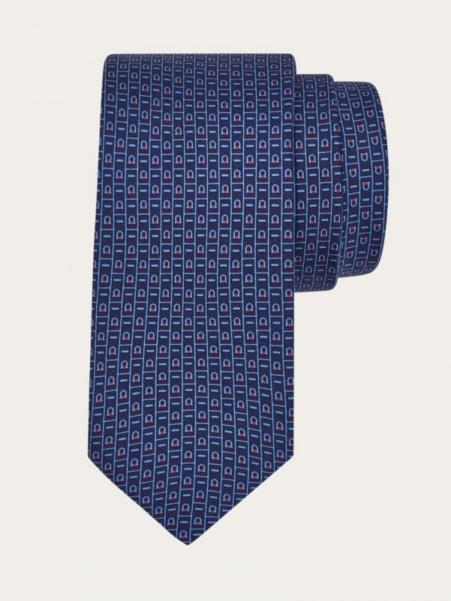 Ferragamo Men's Monogram Print Silk Tie - Navy Blue/Red | Quick Ship!