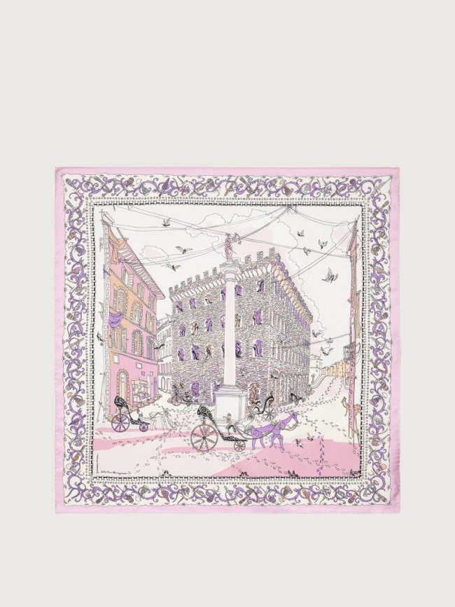 Ferragamo Women's Palazzo Spini Feroni Print Silk Foulard - Pink/Ivory | Quick Ship!