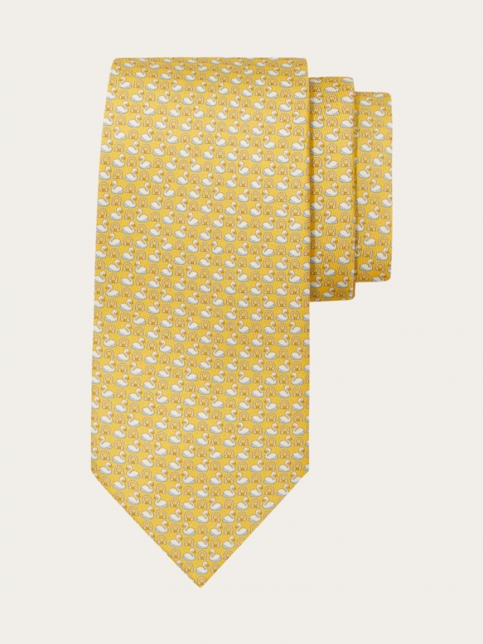 Ferragamo Men's Swan Print Silk Tie - Yellow | Quick Ship!