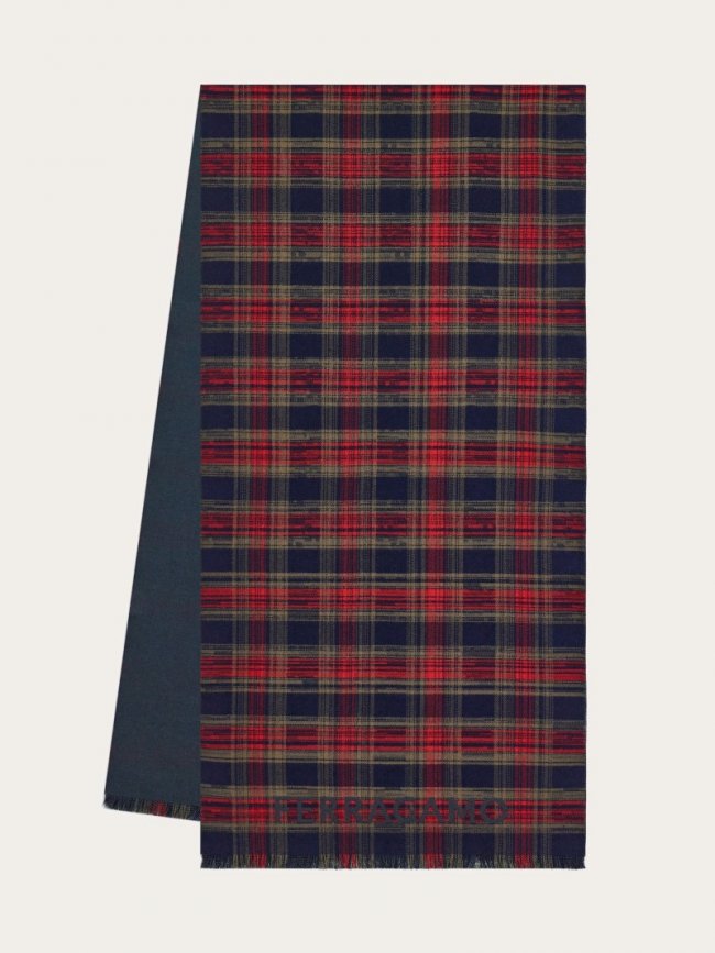 Ferragamo Men's Tartan Wool Scarf - Navy Blue/Bottle Green | Quick Ship!