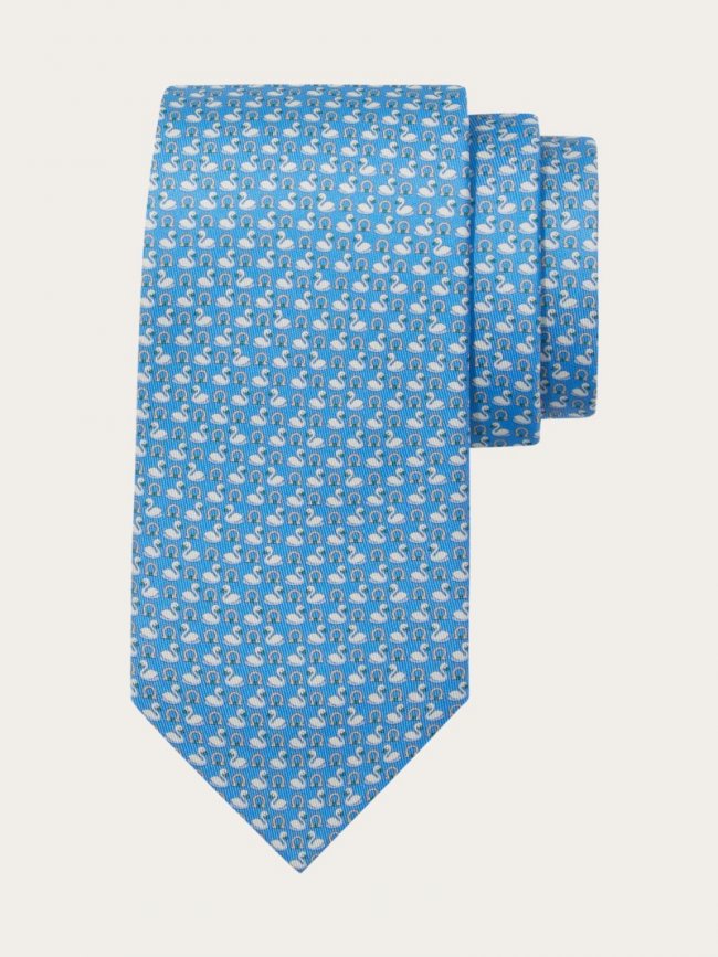 Ferragamo Men's Swan Print Silk Tie - Light Blue | Quick Ship!