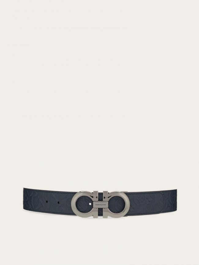 Ferragamo Men's Reversible And Adjustable Gancini Belt - Navy Blue/Black | Quick Ship!