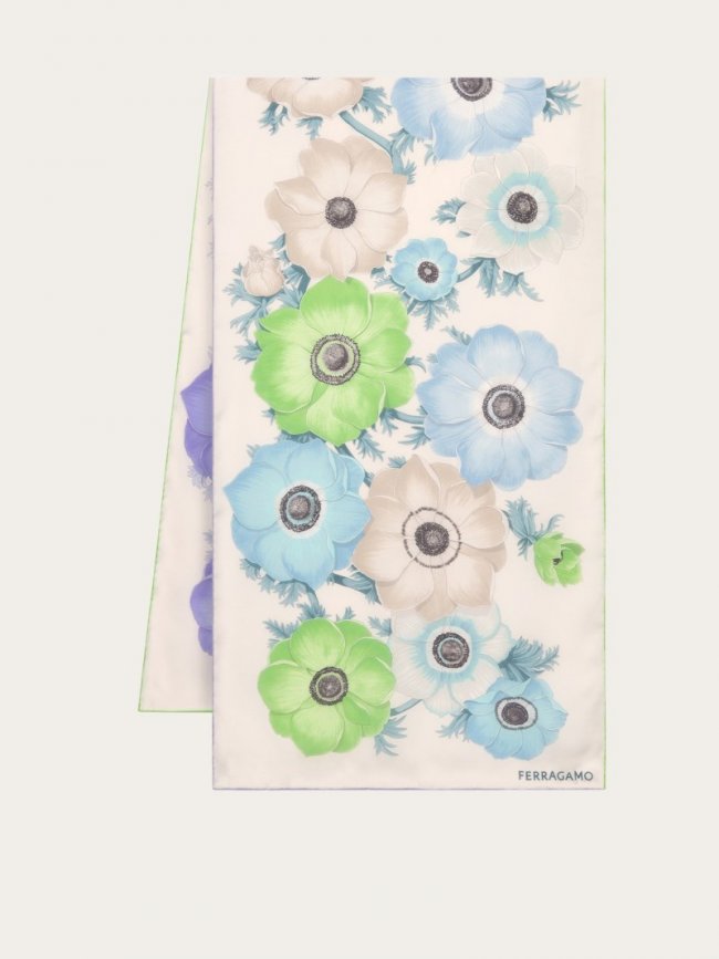 Ferragamo Women's Anemone Print Silk Scarf - Lavender/Ivory/Light Blue | Quick Ship!