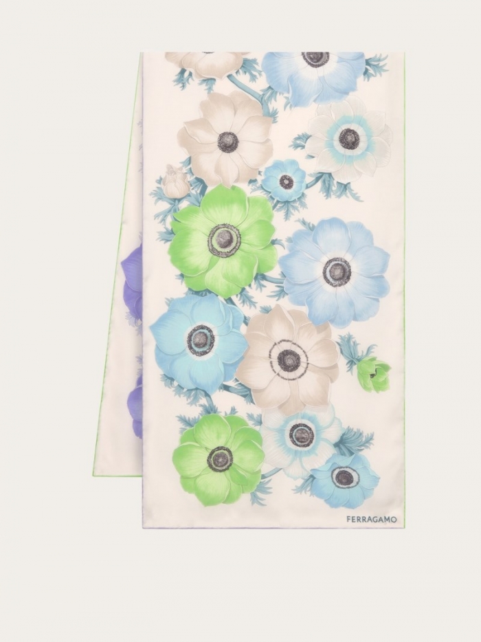 Ferragamo Women's Anemone Print Silk Scarf - Lavender/Ivory/Light Blue | Quick Ship!