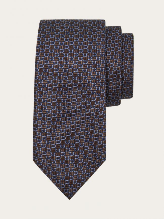 Ferragamo Men's Jacquard Tie With Diagonal Gancini - Bronze | Quick Ship!