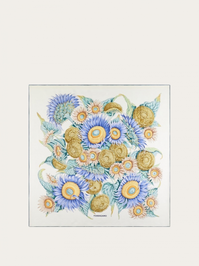 Ferragamo Women's Sunflower Print Silk Scarf - Ivory/Water | Quick Ship!