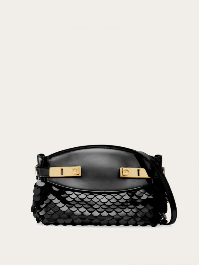 Ferragamo Women's Hug Soft Crossbody Bag With Sequins - Black | Quick Ship!