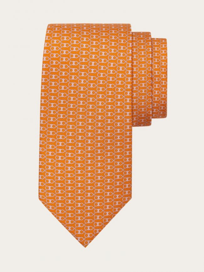 Ferragamo Men's Gancini Print Silk Tie - Orange | Quick Ship!
