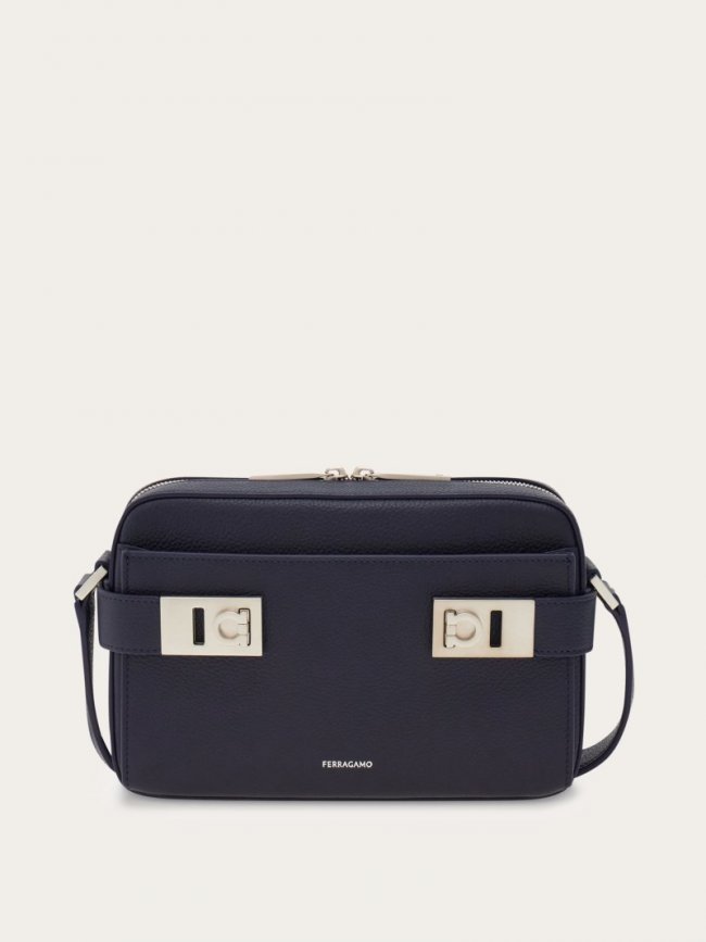 Ferragamo Men's Shoulder Bag With Gancini Buckles - Midnight Blue | Quick Ship!