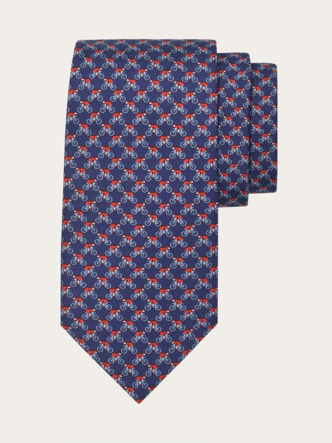 Ferragamo Men's Cyclist Print Silk Tie - Dark Blue | Quick Ship!