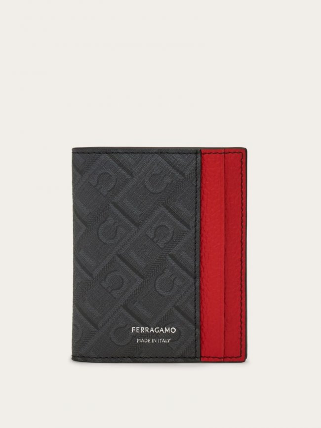 Ferragamo Men's Monogram Credit Card Holder - Black/Grey/Flame Red | Quick Ship!