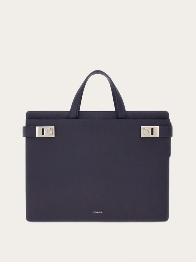 Ferragamo Men's Briefcase With Gancini Buckles - Midnight Blue | Quick Ship!