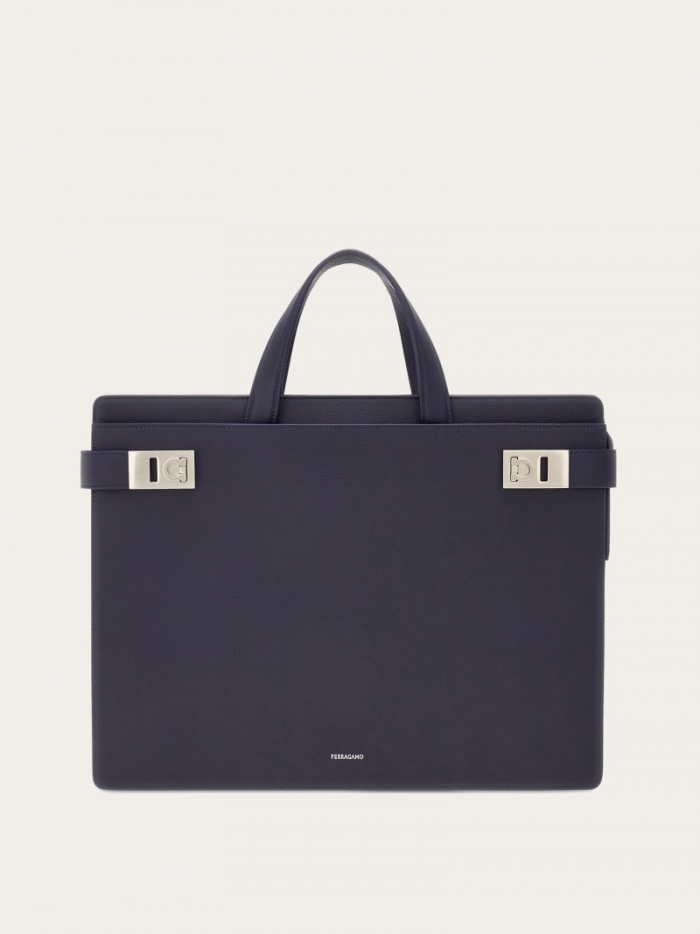 Ferragamo Men's Briefcase With Gancini Buckles - Midnight Blue | Quick Ship!