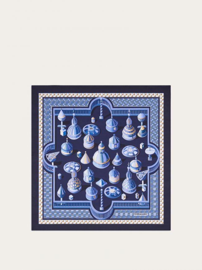 Ferragamo Women's Nadir Print Silk Scarf - Navy Blue/Stone | Quick Ship!