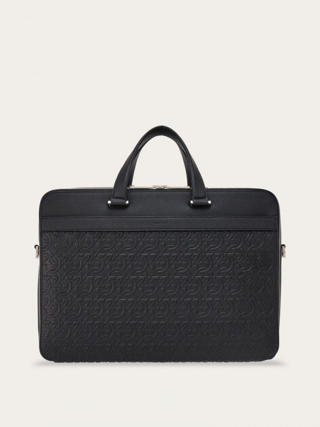Ferragamo Men's Embossed Gancini Business Bag - Black | Quick Ship!