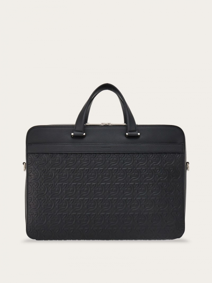 Ferragamo Men's Embossed Gancini Business Bag - Black | Quick Ship!