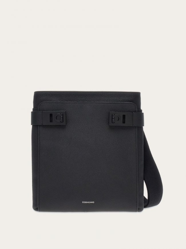 Ferragamo Men's Shoulder Bag With Gancini Buckles - Black | Quick Ship!
