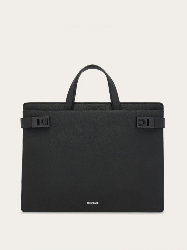 Ferragamo Men's Briefcase With Gancini Buckles - Black | Quick Ship!