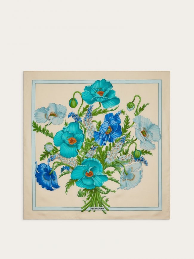 Ferragamo Women's Poppies Print Silk Foulard - Ivory/Sky Blue | Quick Ship!