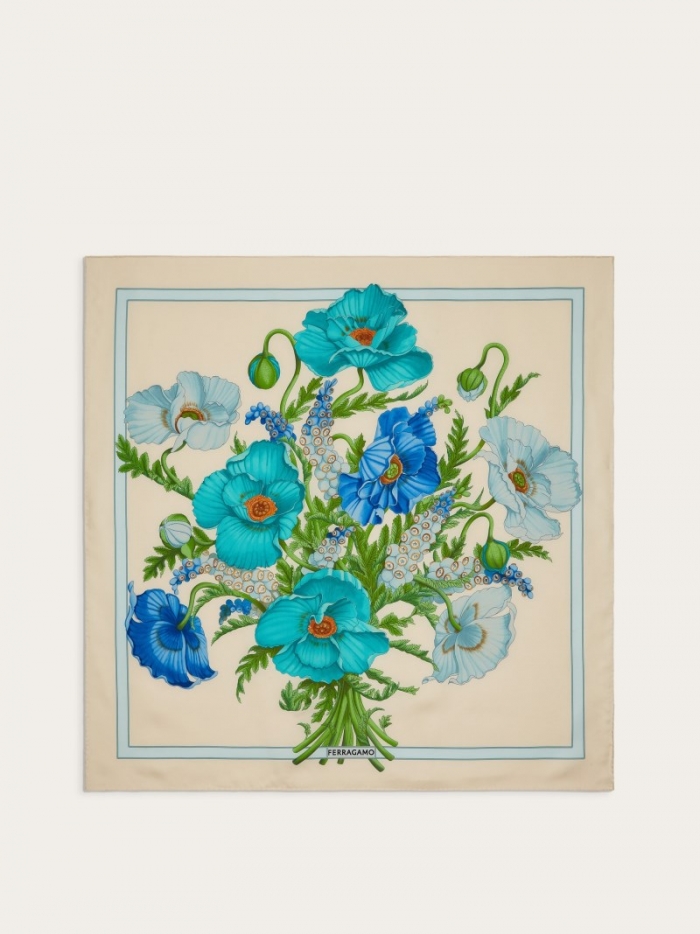 Ferragamo Women's Poppies Print Silk Foulard - Ivory/Sky Blue | Quick Ship!