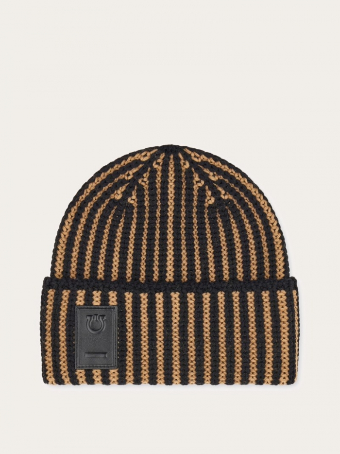 Ferragamo Men's Two-Tone Beanie - Black/Camel | Quick Ship!