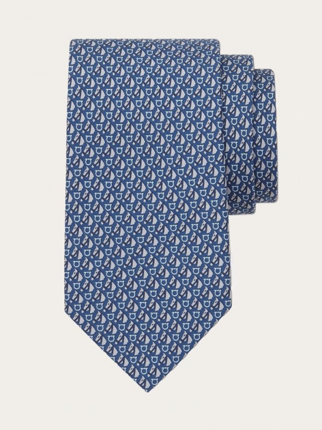 Ferragamo Men's Equestrian Print Silk Tie - Navy Blue | Quick Ship!
