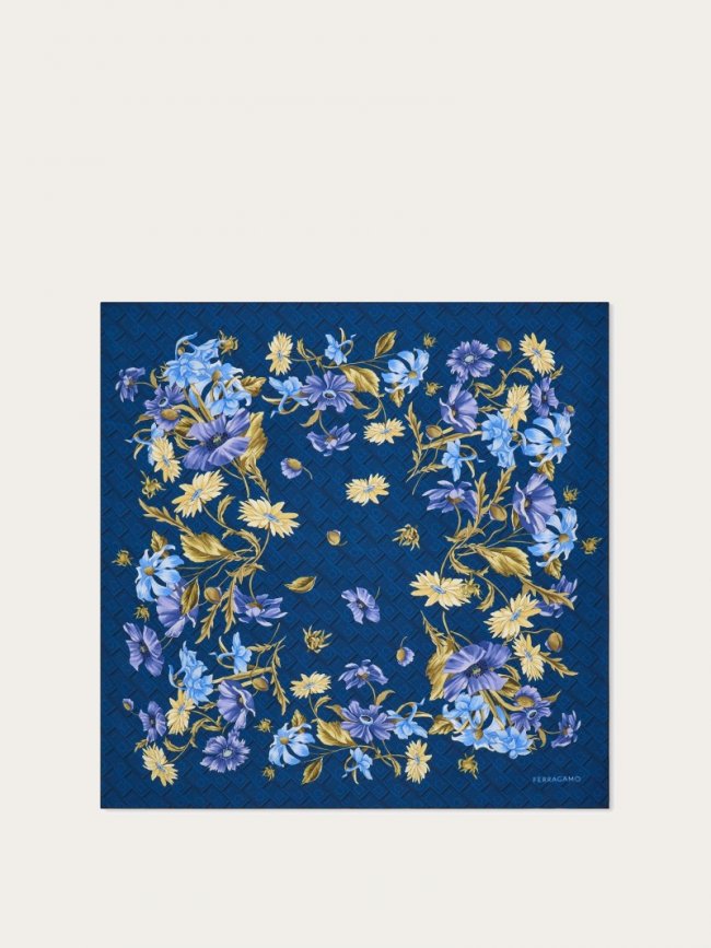 Ferragamo Women's Bouquet Print Silk Scarf - Teal Blue | Quick Ship!