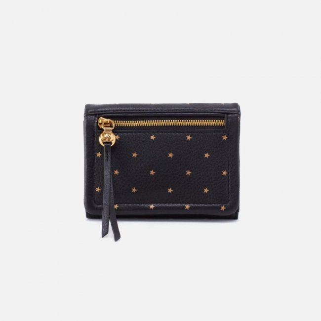 Hobo Women's Lumen Medium Bifold Compact Wallet in Pebbled Leather - Black and Gold Stars | New Arrivals