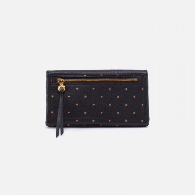 Hobo Women's Lumen Continental Wallet in Pebbled Leather - Black and Gold Stars | New Arrivals