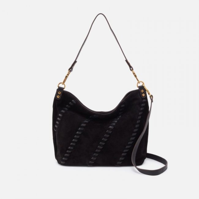 Hobo Women's Pier Shoulder Bag in Suede With Whipstitch - Black | New Arrivals