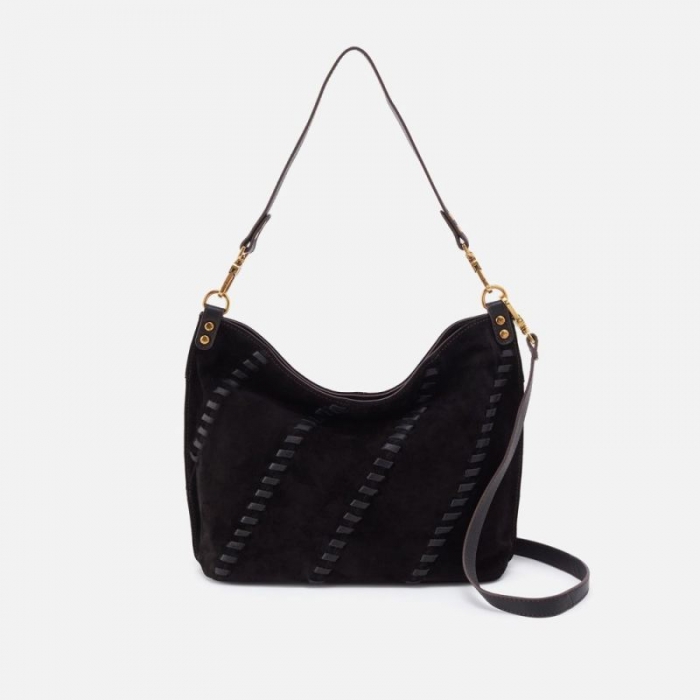 Hobo Women's Pier Shoulder Bag in Suede With Whipstitch - Black | New Arrivals