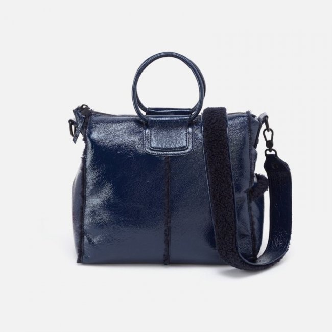 Hobo Women's Sheila Large Satchel in Pebbled Patent With Faux Shearling - Deep Indigo | New Arrivals
