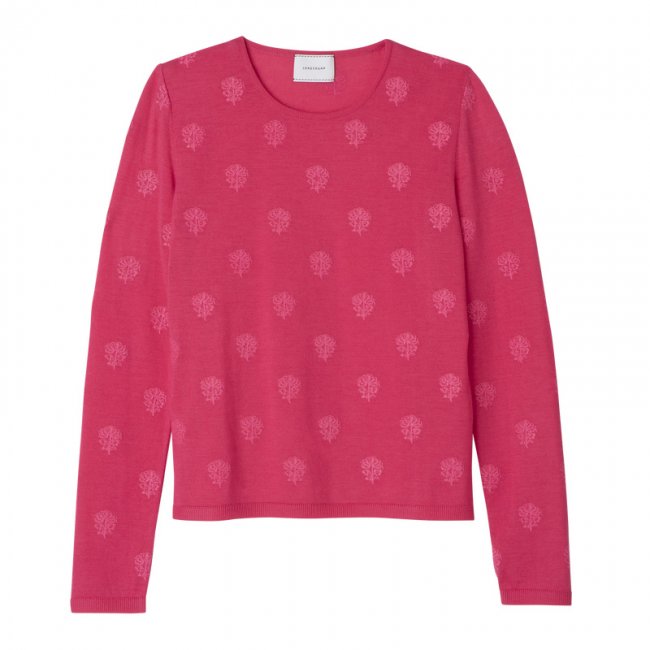 Longchamp Women's Round neck sweater Pink - Embroidered knit | Pink