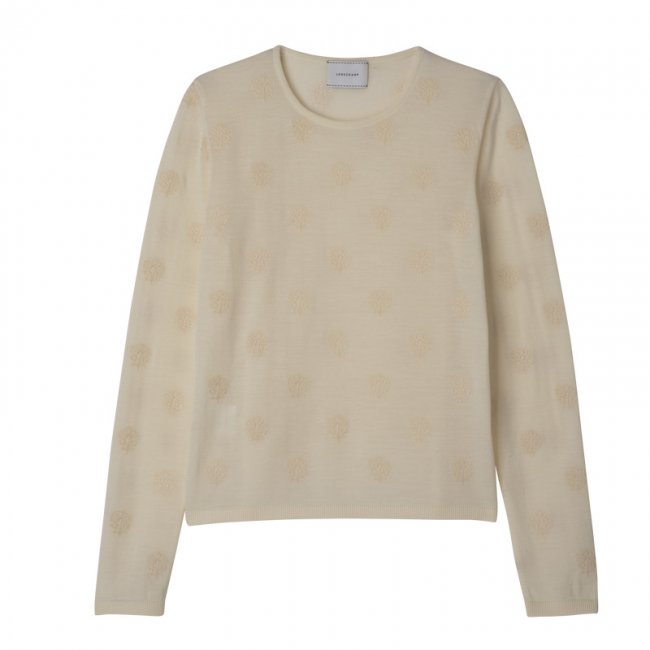 Longchamp Women's Round neck sweater Ecru - Embroidered knit | Ecru