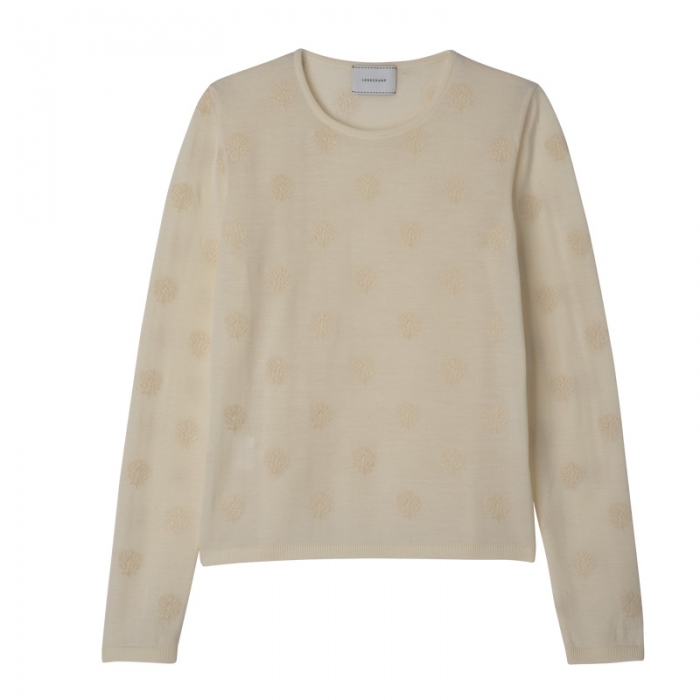 Longchamp Women's Round neck sweater Ecru - Embroidered knit | Ecru
