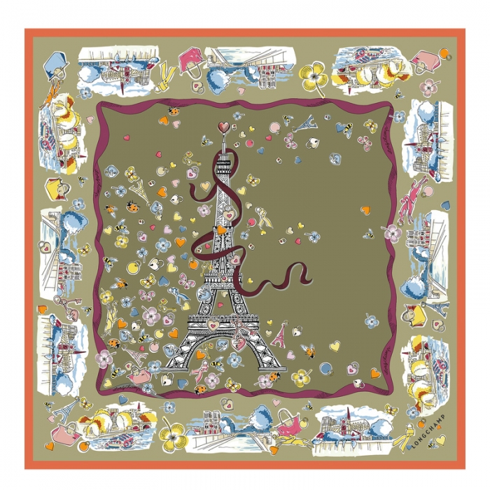 Longchamp Women's Equestrian Tower Silk scarf 50 Artichoke - OTHER | Artichoke