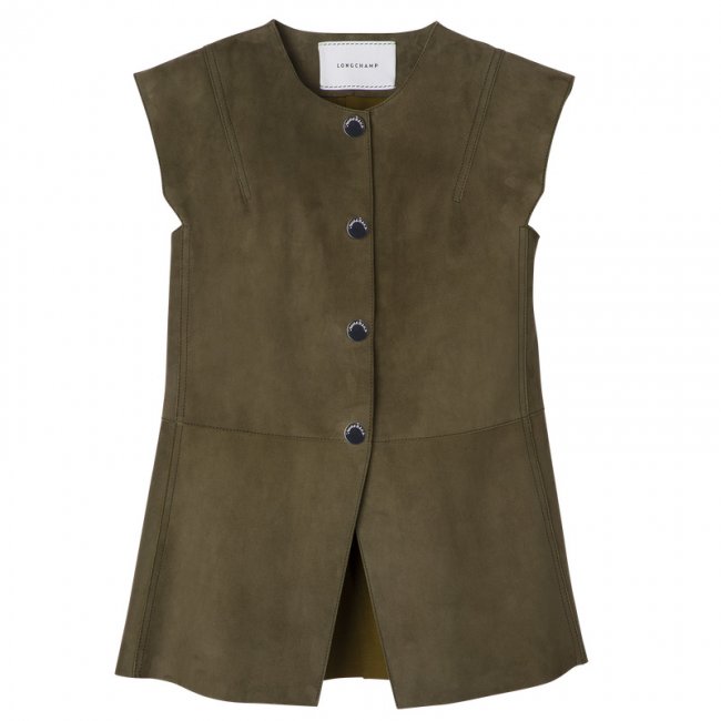 Longchamp Women's Sleeveless jacket Khaki - Leather | Khaki