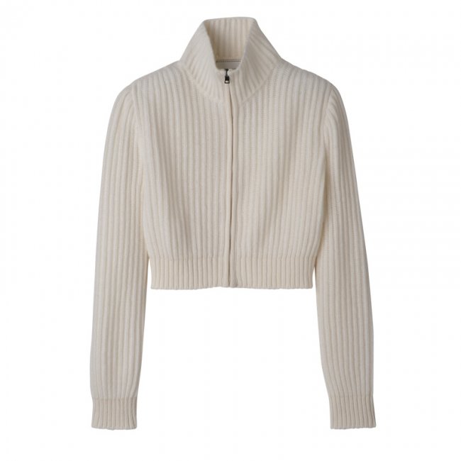 Longchamp Women's Zip collar short cardigan Ecru - Knit | Ecru