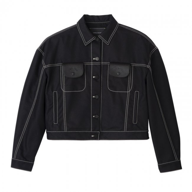 Longchamp Women's Topstitching short jacket Black - Gabardine | Black